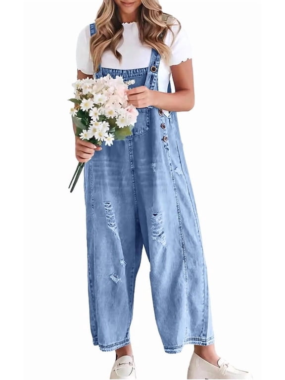 Women Loose Adjustable Strap Denim Bib Overall Jeans Blue Distressed Wide Leg Baggy Overalls Jumpsuit