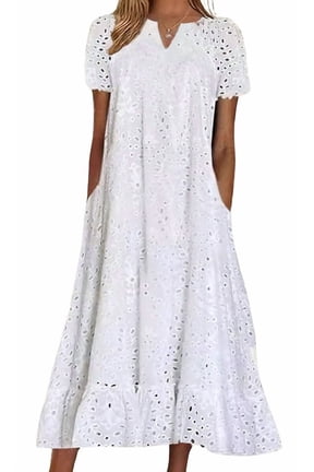 Women's White Eyelet Lace Short Sleeve Midi Dress with Ruffle Hem Floral Cotton and Pocket