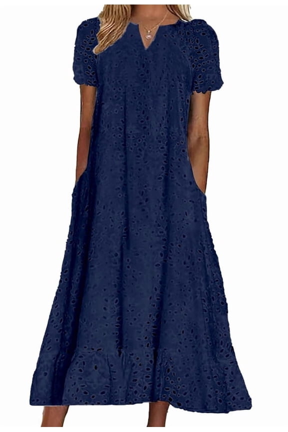 Women's Blue Eyelet Lace Short Sleeve Midi Dress with Ruffle Hem Floral Cotton and Pocket