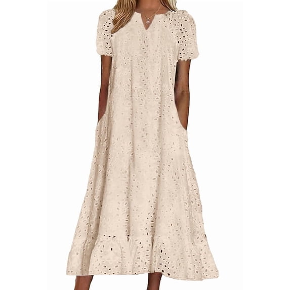 sicmoss Women's Apricot Eyelet Lace Short Sleeve Midi Dress with Ruffle Hem Floral Cotton and Pocket