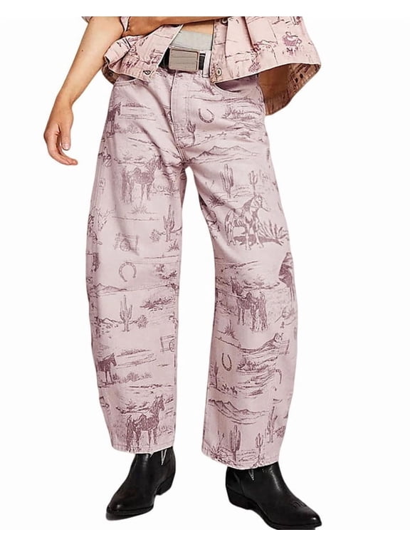 Women's Camel Pink Y2K Mid Rise Barrel Jeans, Vintage Western Print Loose Fit with Side Pockets