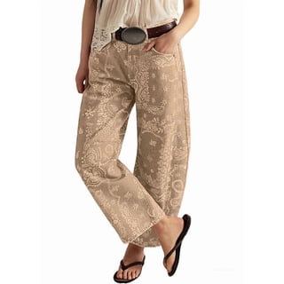 sicmoss Women's Khaki Cotton Floral Print Mid Rise Barrel Jeans Baggy Wide Leg Ankle Y2k with Pockets