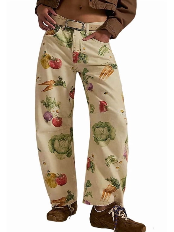 Women's Beige Cotton Vegetable Floral Print Mid Rise Barrel Jeans Baggy Wide Leg Ankle Y2k with Pockets