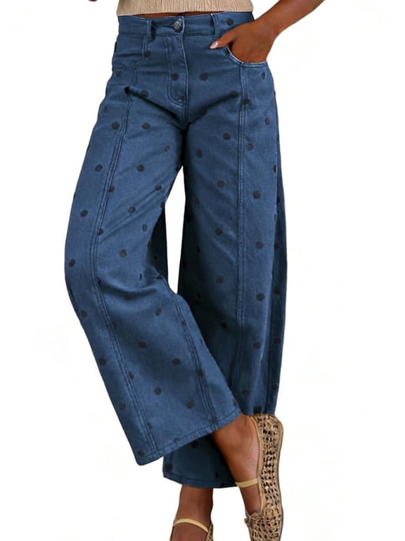 Women's Blue Polka Dot Barrel Jeans Mid Rise Vintage Denim Pants with Pockets