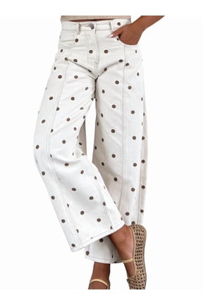 Women's White Polka Dot Barrel Jeans Mid Rise Vintage Denim Pants with Pockets