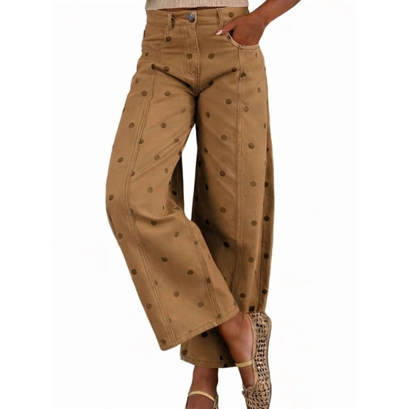 sicmoss Women's Khaki Polka Dot Barrel Jeans Mid Rise Vintage Denim Pants with Pockets