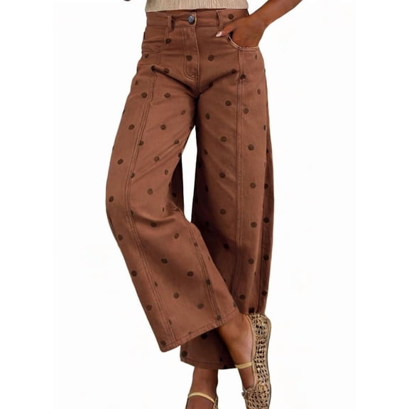 sicmoss Women's Caramel Polka Dot Barrel Jeans Mid Rise Vintage Denim Pants with Pockets