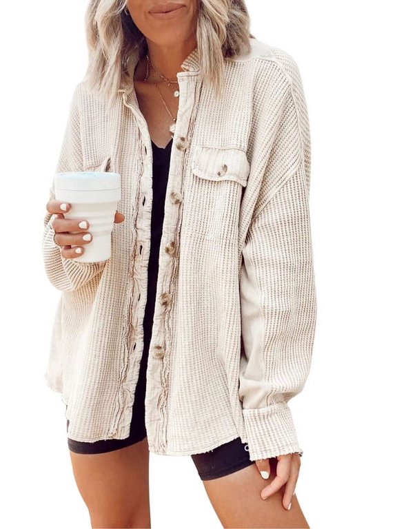 Women's Apricot Oversized Waffle Knit Shacket Casual Button Down Long Sleeve Shirt Jacket Tops with Pockets