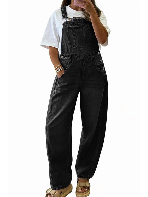 Women's Black Cotton Baggy Adjustable Strap Denim Bib Overalls Loose Wide Leg