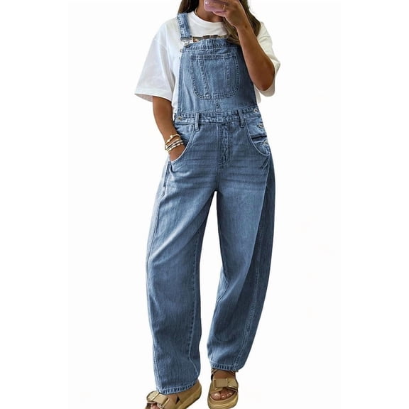 sicmoss Women's Blue Cotton Baggy Adjustable Strap Denim Bib Overalls Loose Wide Leg