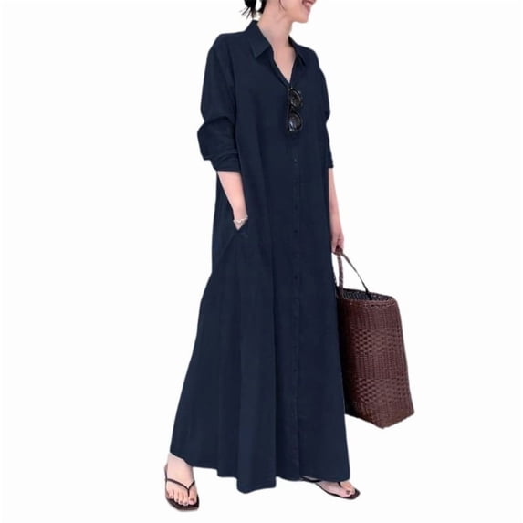 sicmoss Women's Blue Long Sleeve Button Up Maxi Shirt Dress Loose Fit with Pockets