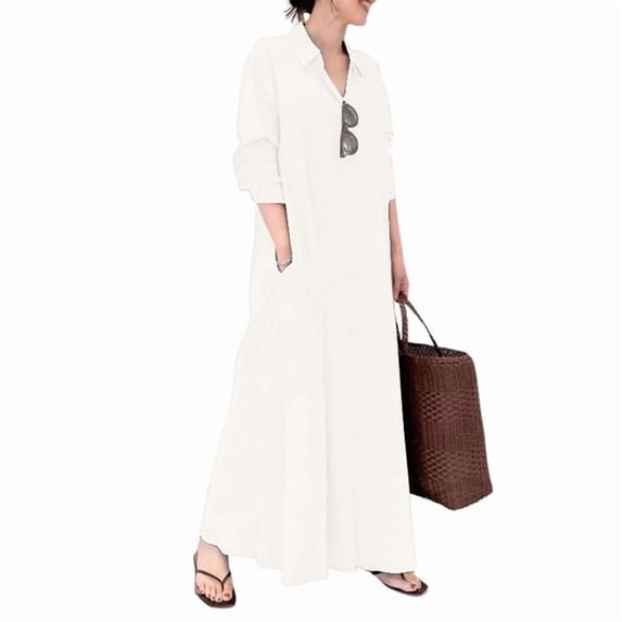 sicmoss Women's White Long Sleeve Button Up Maxi Shirt Dress Loose Fit with Pockets