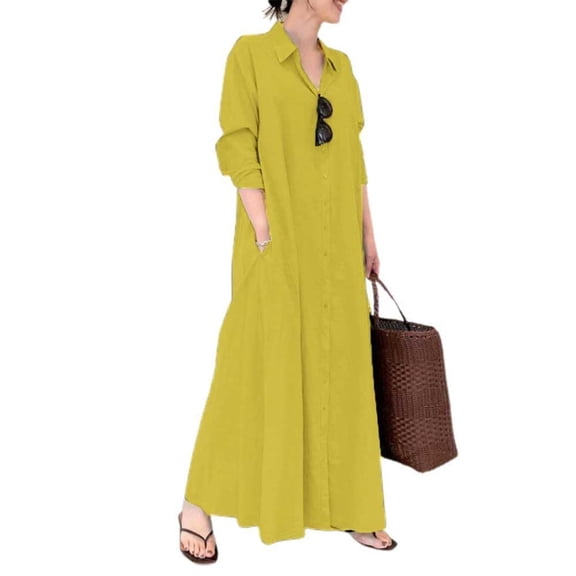 sicmoss Women's Basic Loose Fit Long Sleeve Button Up Maxi Shirt Dress with Pockets