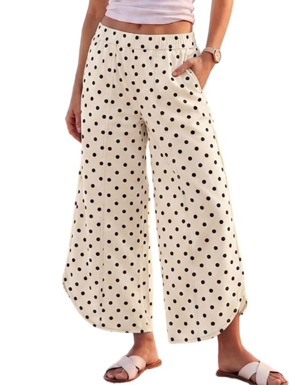 Women's Beige Cotton Black Polka Dot Y2K Elastic Waist Wide Leg Jeans Tulip Hem Cropped Ankle