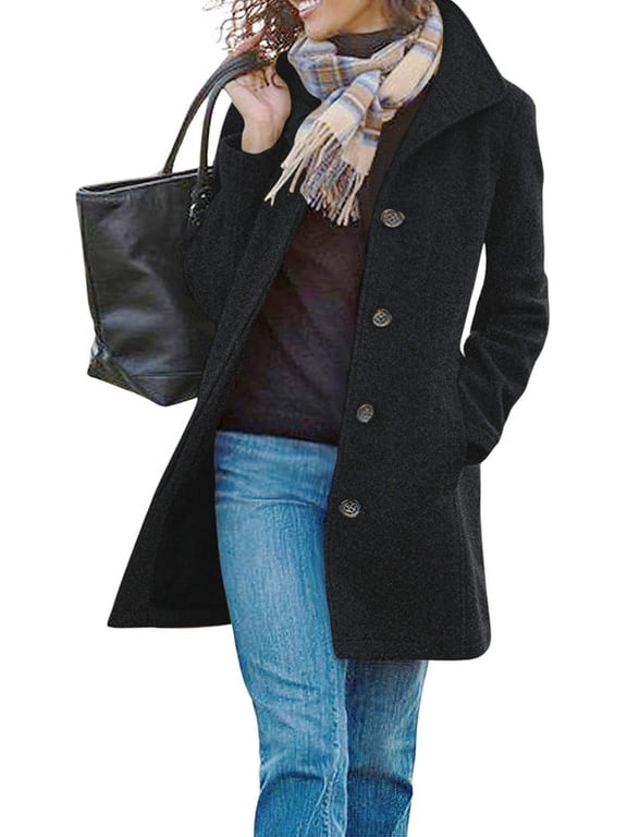 Women's Black Casual Thicken Wool Blend Stand Collar Single Breasted Pea Coat