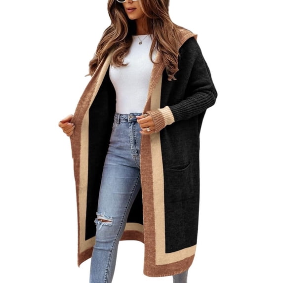 sicmoss Women's Black Color Block Vertical Striped Hooded Cardigan Open Front Oversized Long with Pockets