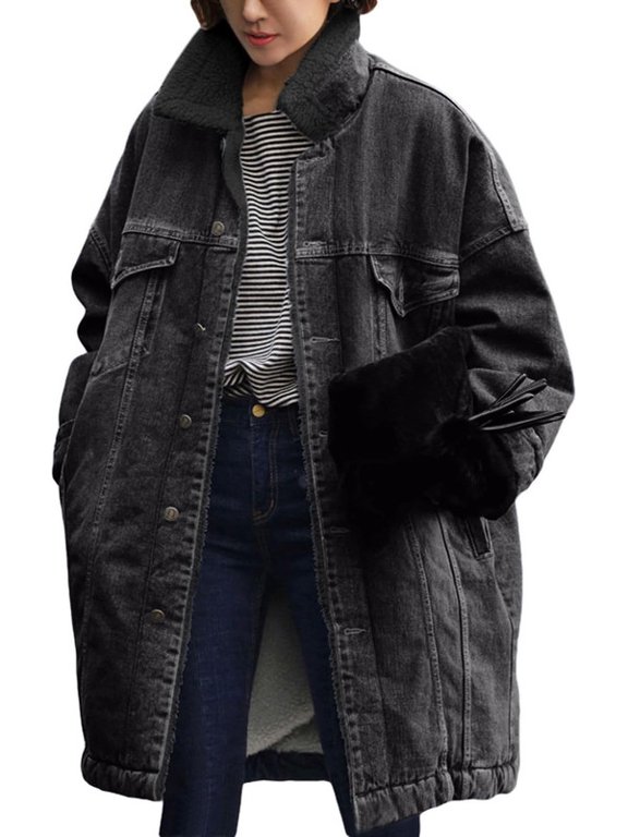 Women's Black Cotton Sherpa Fleece Lined Denim Long Sleeve Trucker Jacket Turndown Lapel Oversized Patchwork Multi-Pocket Long Trench Coat