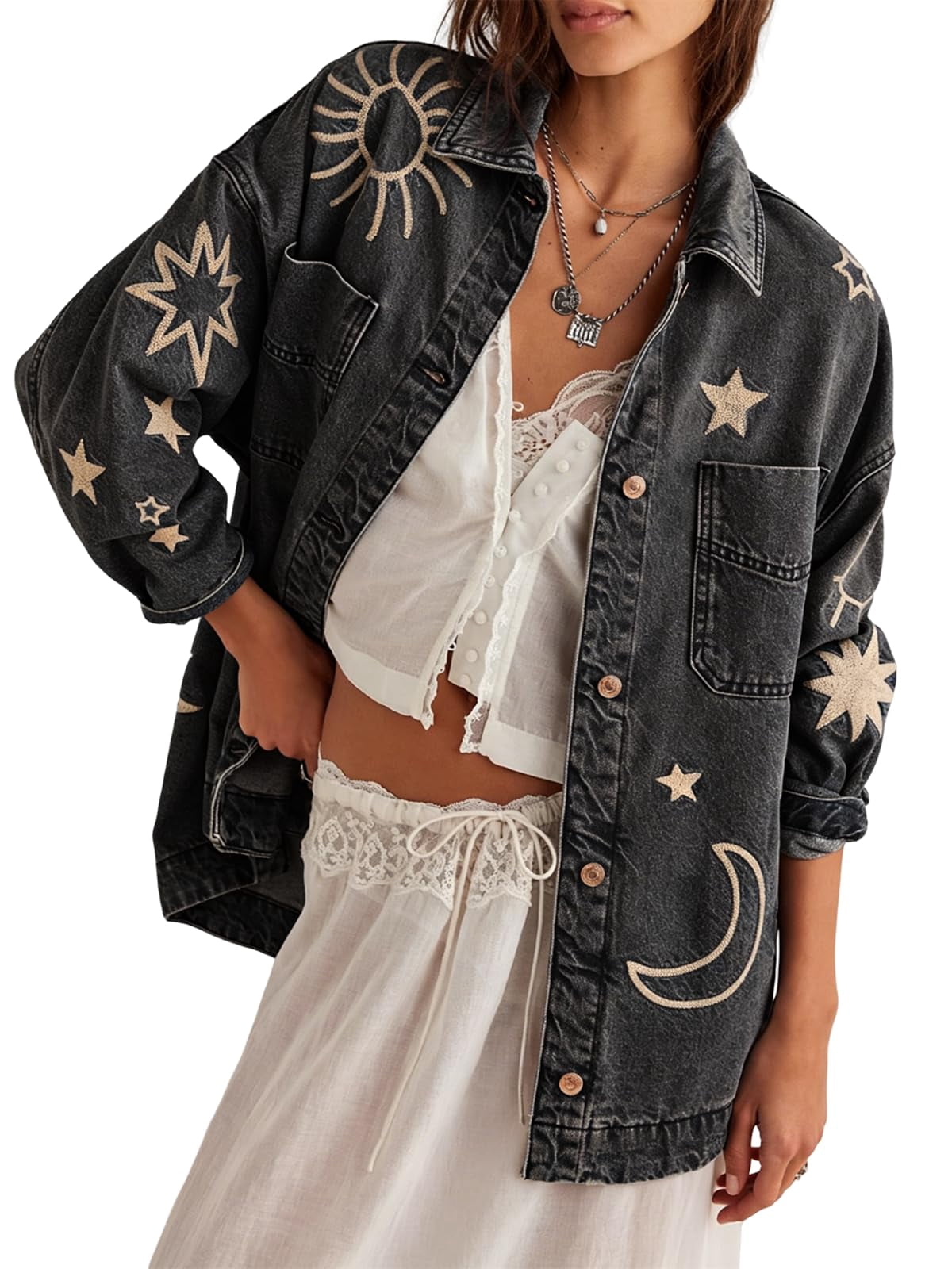 sicmoss Women's Black Cotton Vintage Oversized Embroidered Denim Jacket ...