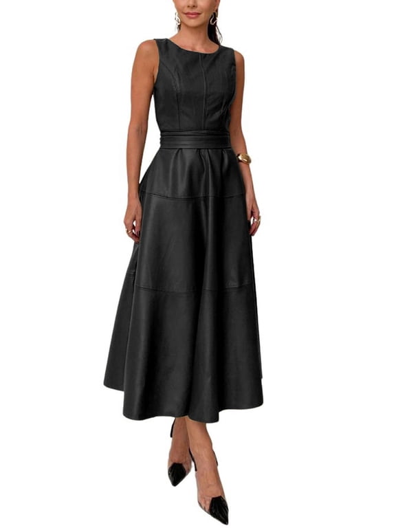 Women's Black Faux Leather Sleeveless Flowy Long Dress Elegant Party with Belt