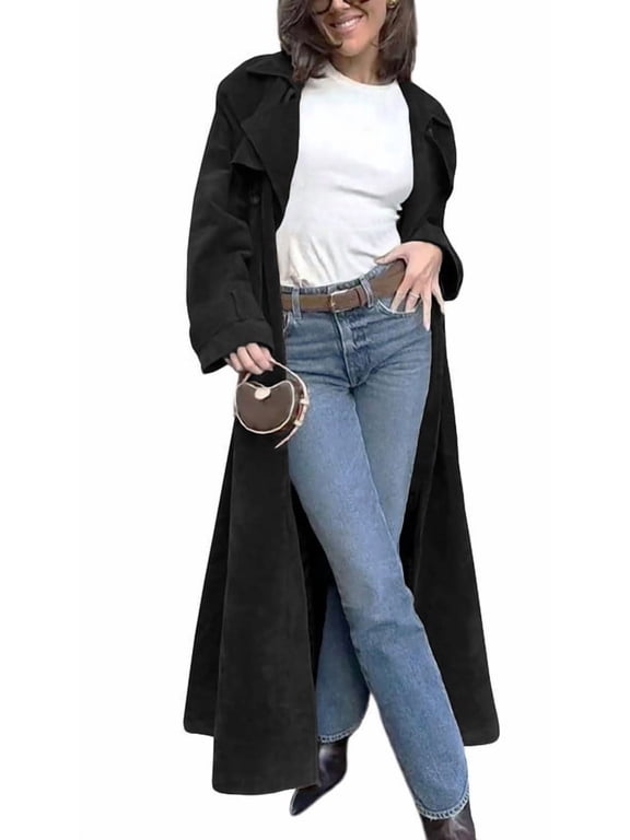 Women's Black Faux Suede Double Breasted Overcoat Notched Lapel Long with Belt