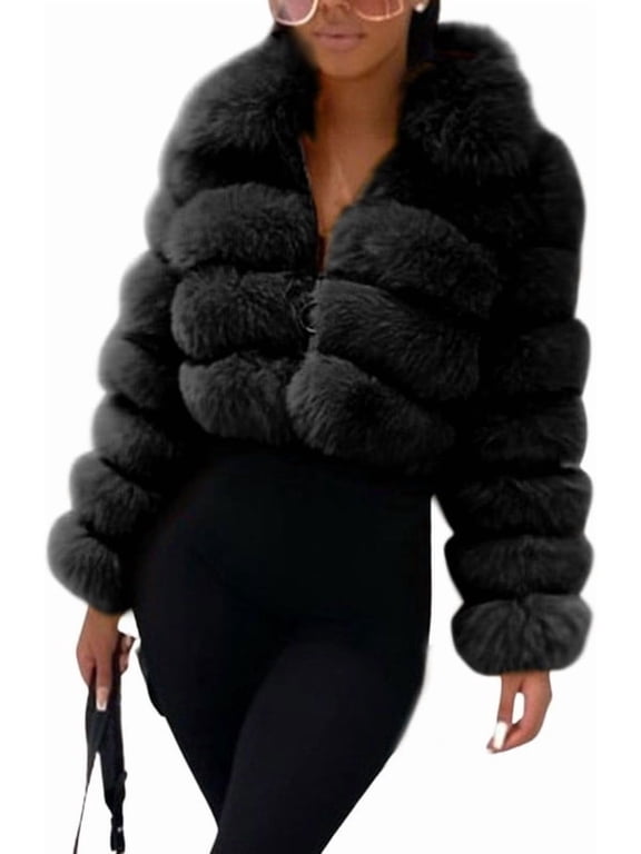 Women's Black Fluffy Faux Fur Short Jacket, Lapel Long Sleeve, Zipper Cropped