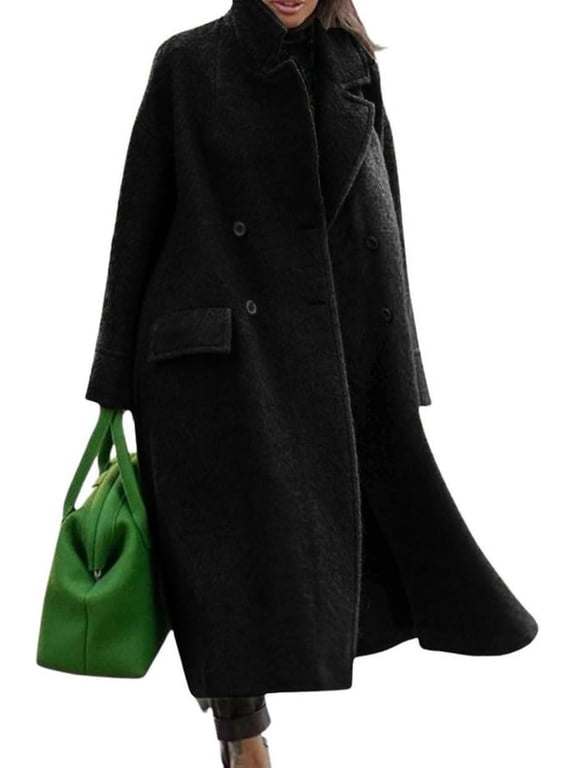 Women's Black Oversized Long Winter Wool Blend Pea Trench Coat Overcoat