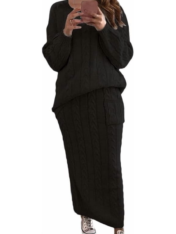 Women's Black Winter Chunky Cable Knit Sweater Skirt 2 Piece Set