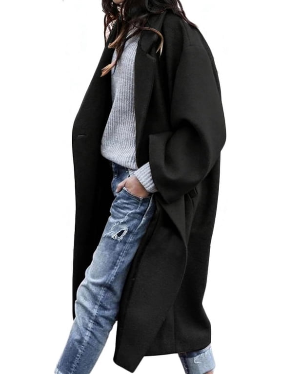 Women's Black Wool Blend Notched Collar Double Breasted Long Sleeve Trench Coat Oversized Midi