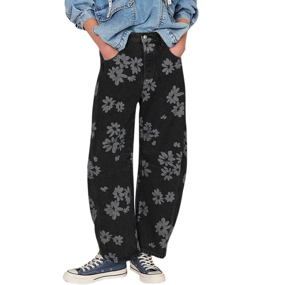 sicmoss Women's Black Y2K Distressed Barrel Jeans Baggy Wide Leg Floral Print Long with Patchwork