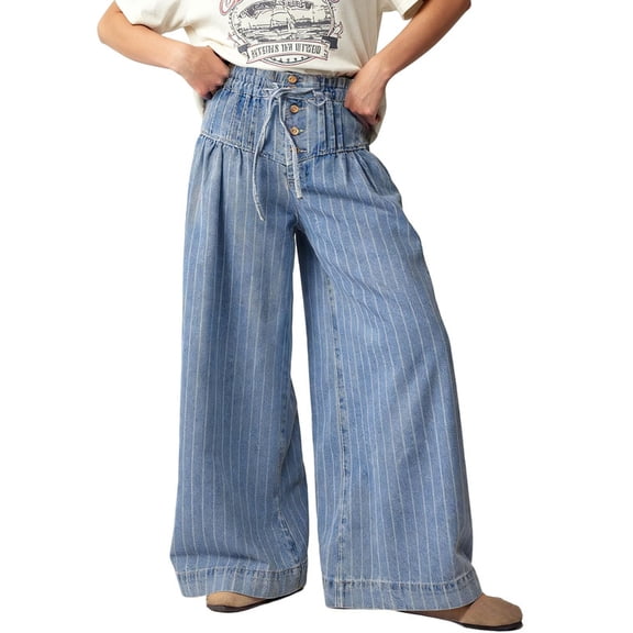 sicmoss Women's Blue Cotton Baggy Loose Fit Drawstring Midi Waisted Flare Jeans Ruffle Pleated with Pockets