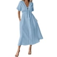 thumbnail image 1 of sicmoss Women's Blue Cotton Boho V-Neck Tunic Dress Short Sleeve Long Loose with Pockets Summer, 1 of 3