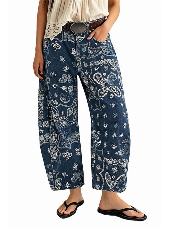 Women's Blue Cotton Floral Print Mid Rise Barrel Jeans Baggy Wide Leg Ankle Y2k with Pockets