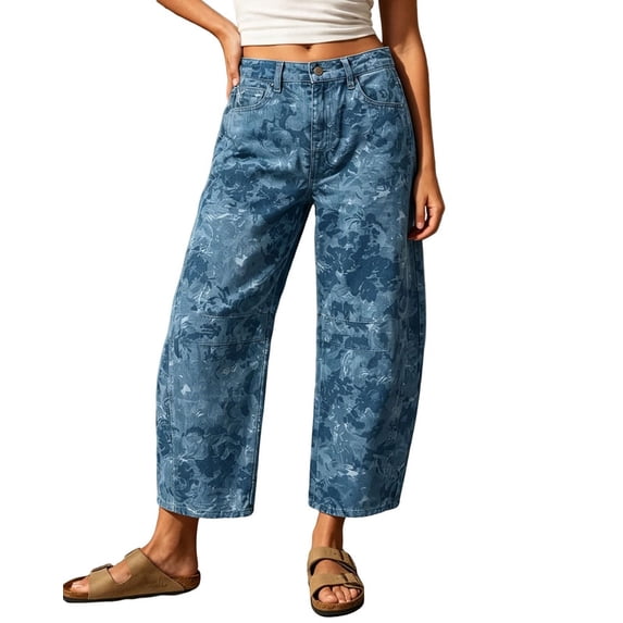 sicmoss Women's Blue Cotton Printed Mid Rise Baggy Barrel Jeans Wide Leg Y2K Patchwork with Pockets