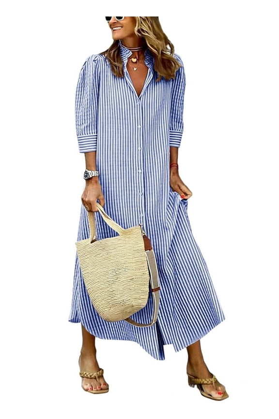 Women's Blue Cotton Striped 3/4 Sleeve Maxi Long Shirt Dress, Button Down Boho Ruffled Summer
