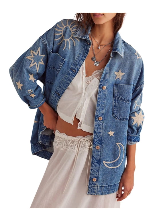 Women's Blue Cotton Vintage Oversized Embroidered Denim Jacket Boho Loose Fit Button Down Casual
