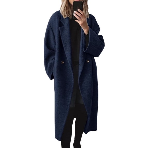 sicmoss Women's Blue Double Breasted Wool Coat Notch Lapel Long Sleeve Long with Pockets Fall Winter