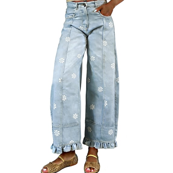 sicmoss Women's Blue Cotton Barrel Jeans Y2K Wide Leg Baggy Ruffle Hem with Pockets