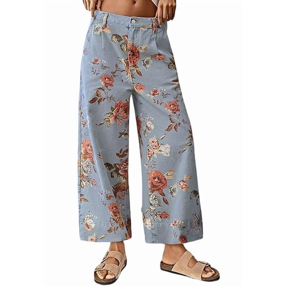 sicmoss Women's Blue Floral Print Mid Rise Cropped Wide Leg Jeans Boho Baggy with Pockets