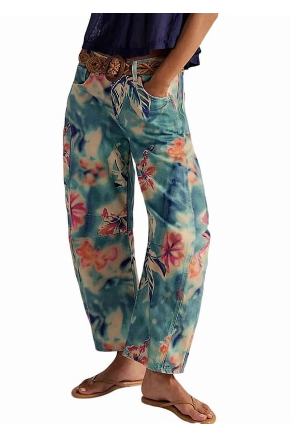 Women's Blue Floral Print Mid Rise Cropped Wide Leg Jeans Boho Baggy with Pockets