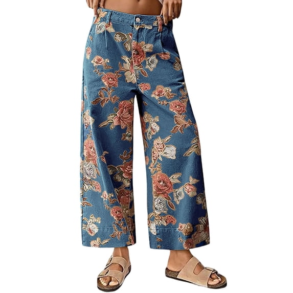 sicmoss Women's Blue Floral Print Mid Rise Cropped Wide Leg Jeans Boho Baggy with Pockets