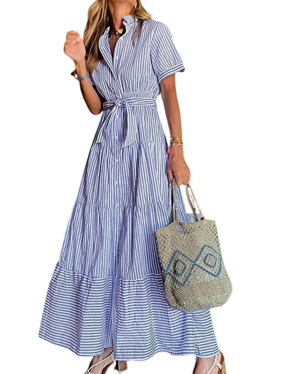 Women's Blue Striped Short Sleeve Button Front Maxi Shirt Dress Tie Waist Tiered Ruffle with Slit and Pockets