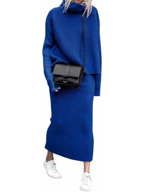 Women's Blue Turtleneck 2 Piece Outfits Ribbed Knit Sweater Midi Pencil Skirt Set