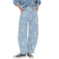 thumbnail image 1 of sicmoss Women's Blue Y2K Distressed Barrel Jeans Baggy Wide Leg Floral Print Long with Patchwork, 1 of 6