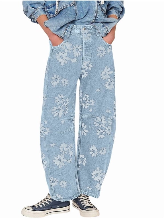 Women's Blue Cotton Y2K Distressed Barrel Jeans Baggy Wide Leg Floral Print Long Patchwork with Pockets