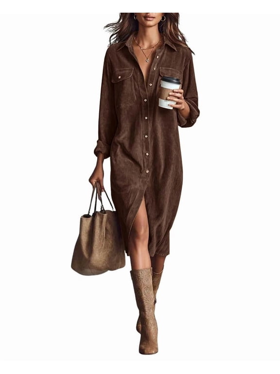 Women's Brown Corduroy Lapel Button Down Long Sleeve Midi Shirt Dress Loose with Pockets Slit Fall