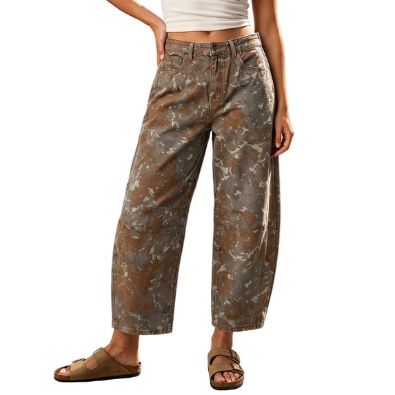 sicmoss Women's Brown Cotton Printed Mid Rise Baggy Barrel Jeans Wide Leg Y2K Patchwork with Pockets