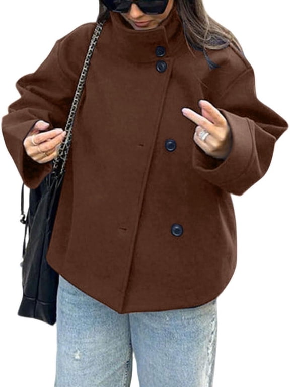 Women's Brown Crop Pea Coat Wool Blend Winter Loose Casual Short Jacket Outerwear