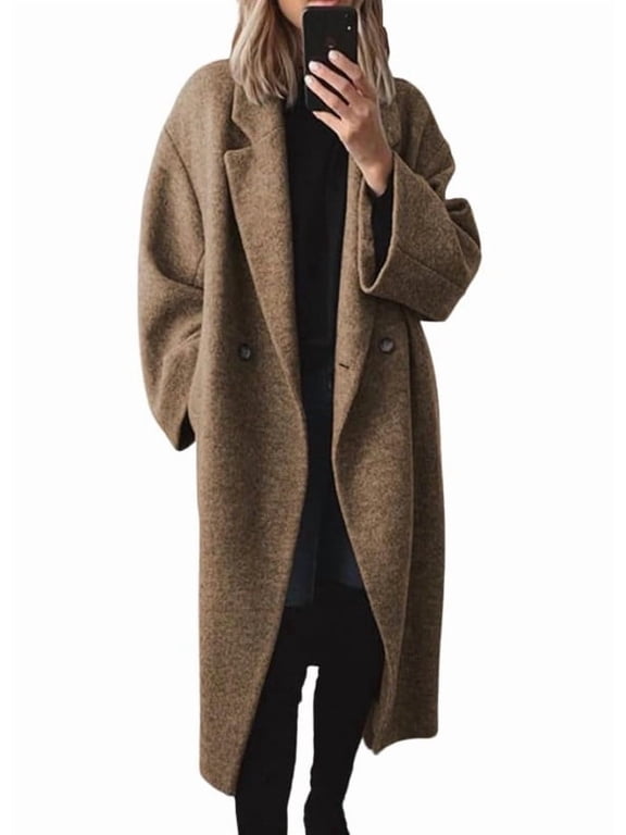 Women's Brown Double Breasted Wool Coat Notch Lapel Long Sleeve Long with Pockets Fall Winter
