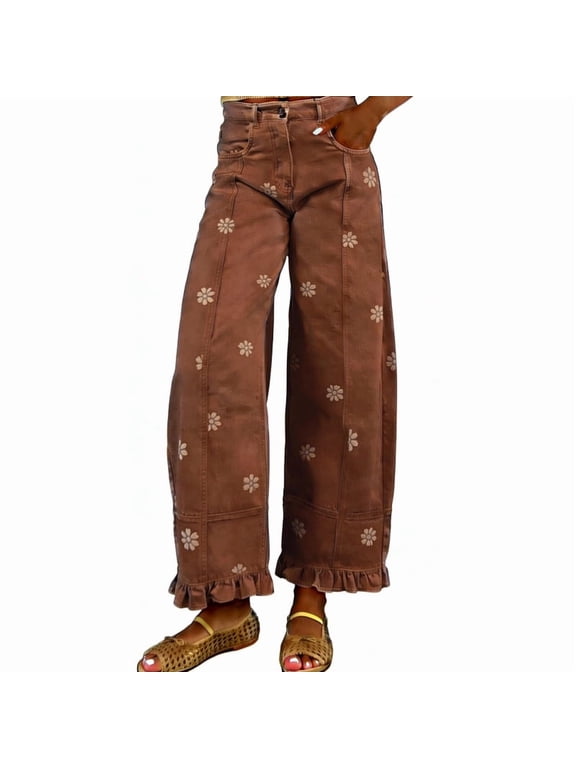 Women's Brown Cotton Barrel Jeans Y2K Wide Leg Baggy Ruffle Hem with Pockets
