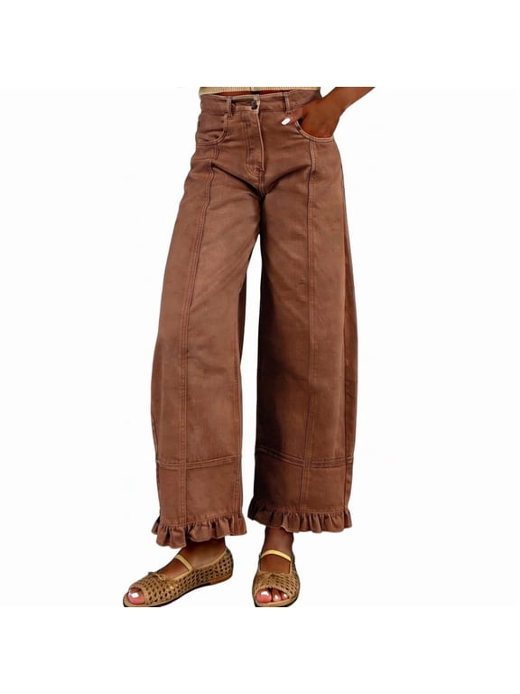 Women's Brown Cotton Barrel Jeans Y2K Wide Leg Baggy Ruffle Hem with Pockets